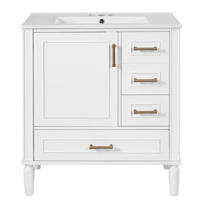 Exbrite 30-Inch White Bathroom Vanity with Ceramic Sink and Gold Hardware