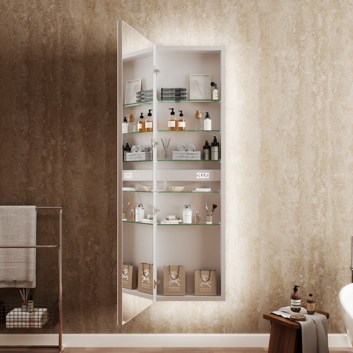 Bathroom with a tall mirror cabinet filled with toiletries against a textured wall.