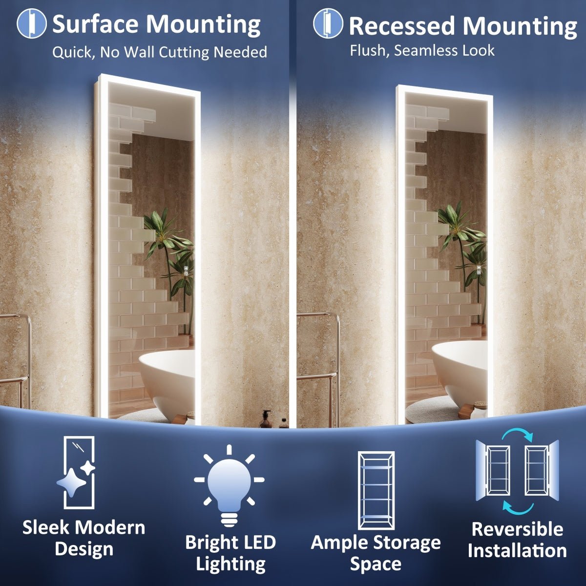 Allsum 20-1/8" x 70-1/8" Full Length Lighted Frameless Single Door Medicine Cabinet
