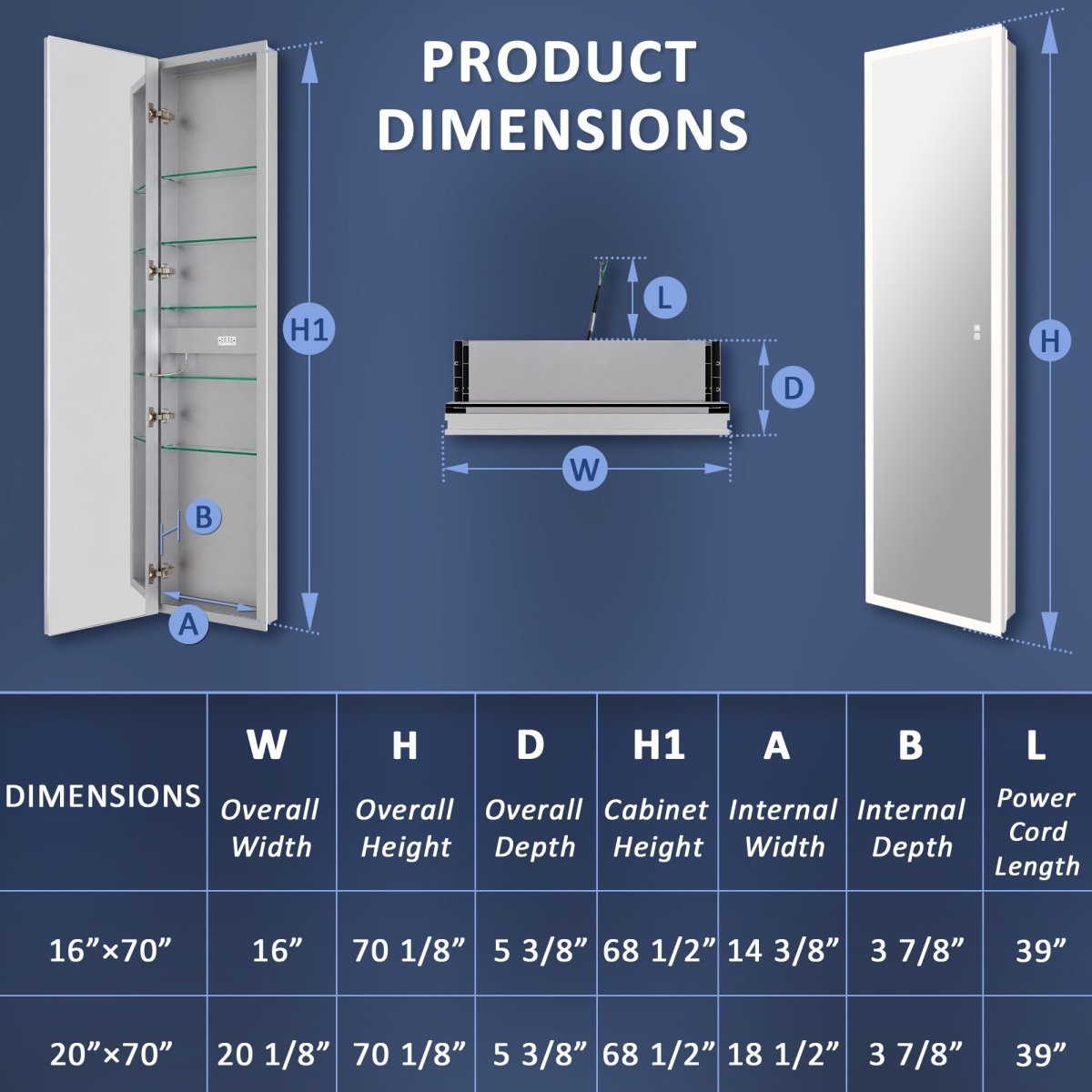 Allsum 20-1/8" x 70-1/8" Full Length Lighted Frameless Single Door Medicine Cabinet