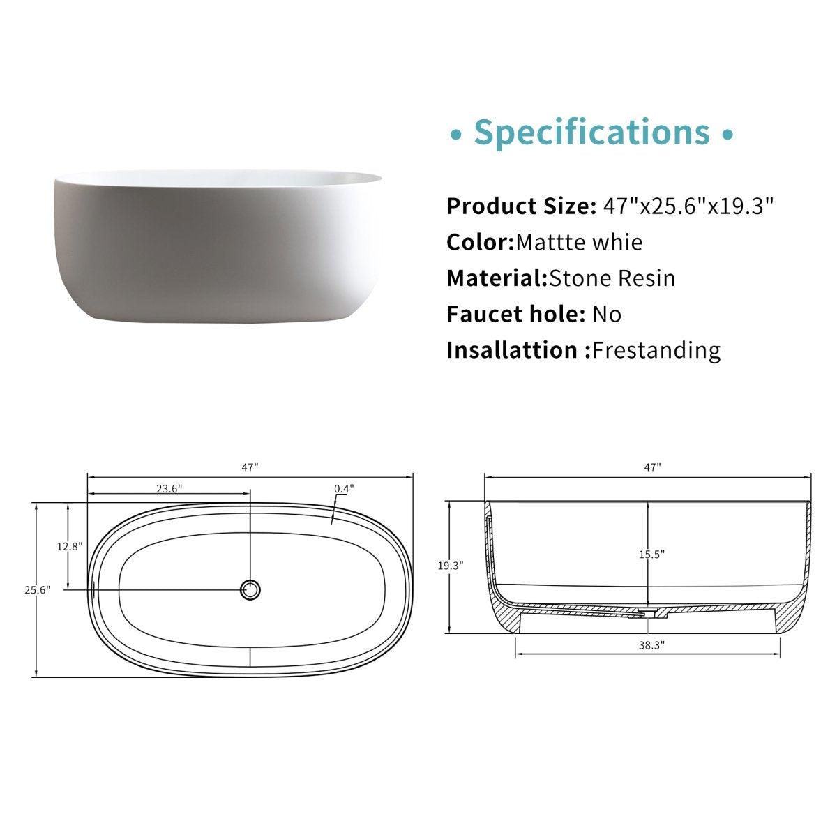 Allsumehome 47'' Independent solid surface resin stone bathtub, modern designed independent bathtub with pop - up drainage and overflow pipes