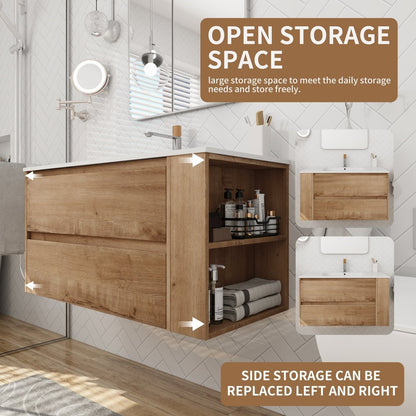 Allsumhome 36" Wall Mounting Floating Bathroom Vanity, Soft Close Drawer,Imitative Oak Finish(Only Vanity, Without Basin)