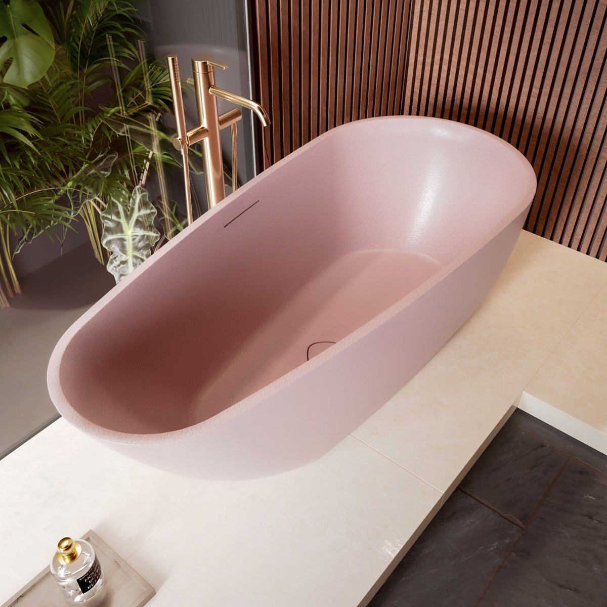 Allsumhome Pink Freestanding Bathtub 67" Oval Cast Rockstone, Scratch-proof, cUPC Certified, No Drain