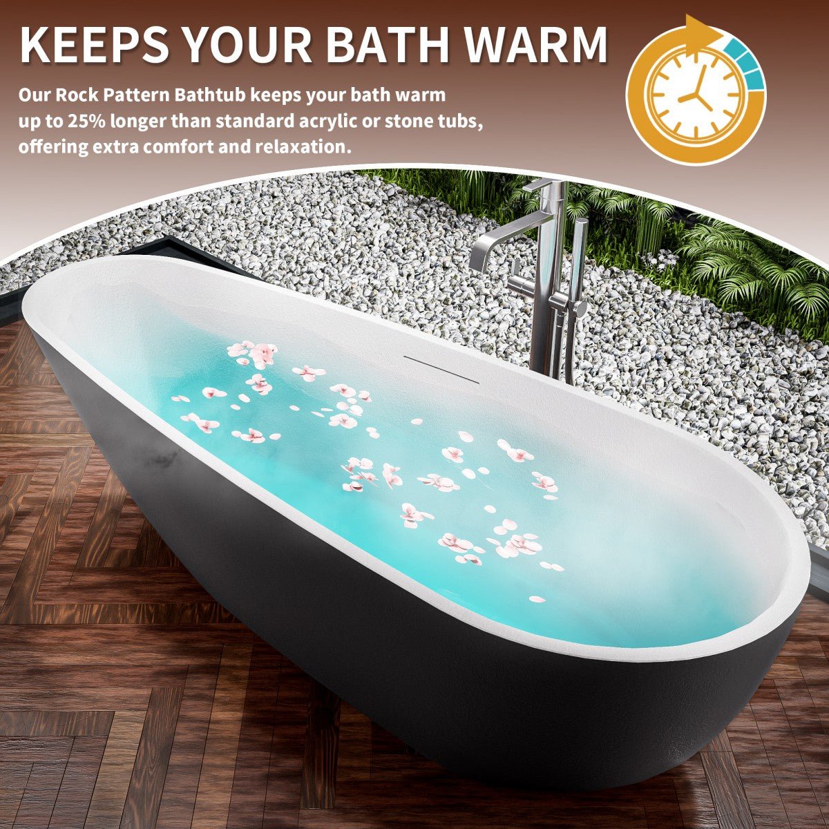 Allsumhome RockE 67" Imitation Natural Stone Freestanding Bathtub,Stone Touch,Black,Scratch - proof,cUPC Certified,No Drain