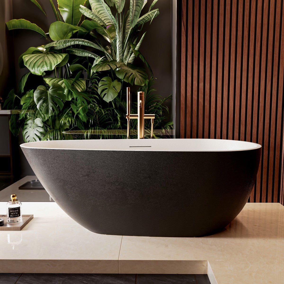 Allsumhome RockE 67" Oval Cast Rockstone Deep Freestanding Tub, Scratch-Proof, cUPC Certified, No Drain, Black