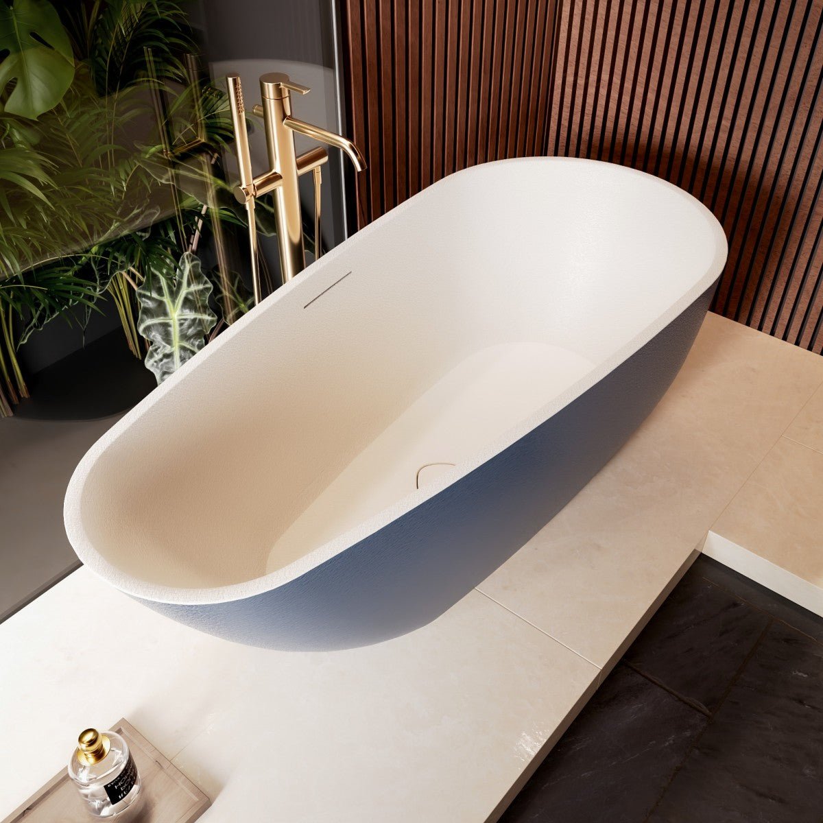 Allsumhome RockE 67" Oval Cast Rockstone Free Standing Soaker Tub, Stone Touch, Prussian Blue, Scratch-proof, cUPC Certified, No Drain