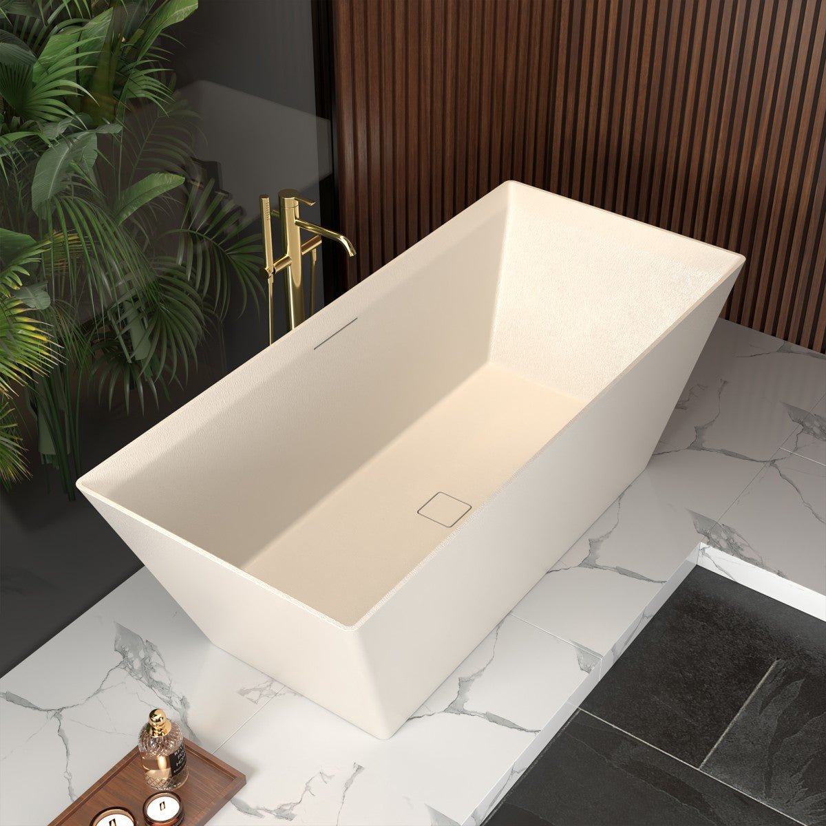 Allsumhome RockR 67" Rectangular Bathtub Freestanding - Stone Touch in Milky Coffee, Scratch-proof, cUPC Certified Freestanding Bath Tubs