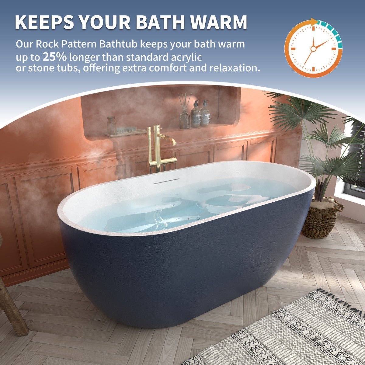 RockX 59" Rock Texture New Technologies Freestanding Bathtub,Prussian blue,Scratch - proof,Contemporary Soaking Tub,Large Overflow Port