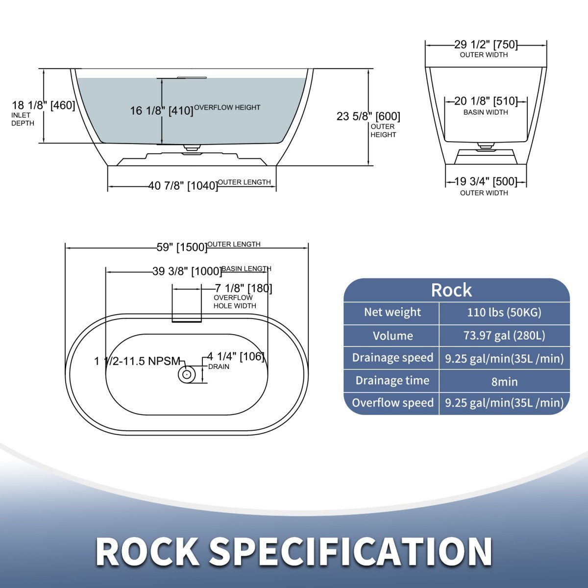 Allsumhome RockX 59" Imitation Natural Stone Freestanding Bathtub,Stone Touch,Prussian blue,Scratch - proof,Large Overflow Port