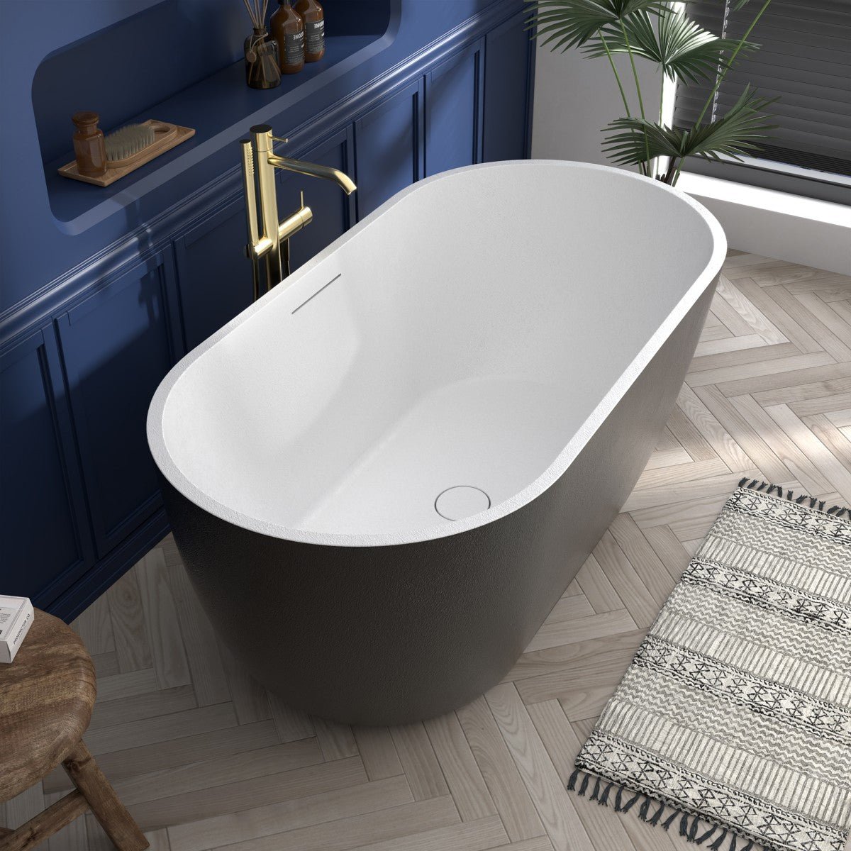 RockX 59" Rock Texture New Technologies Freestanding Bathtub,Black,Scratch - proof,Contemporary Soaking Tub,Large Overflow Port