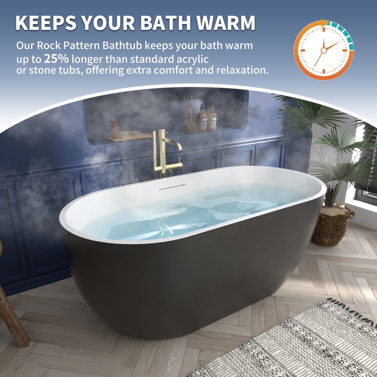 RockX 59" Rock Texture New Technologies Freestanding Bathtub,Black,Scratch - proof,Contemporary Soaking Tub,Large Overflow Port