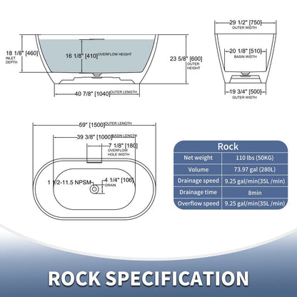 Allsumhome RockX 59" Imitation Natural Stone Freestanding Bathtub,Stone Touch,White,Scratch - proof,Large Overflow Port