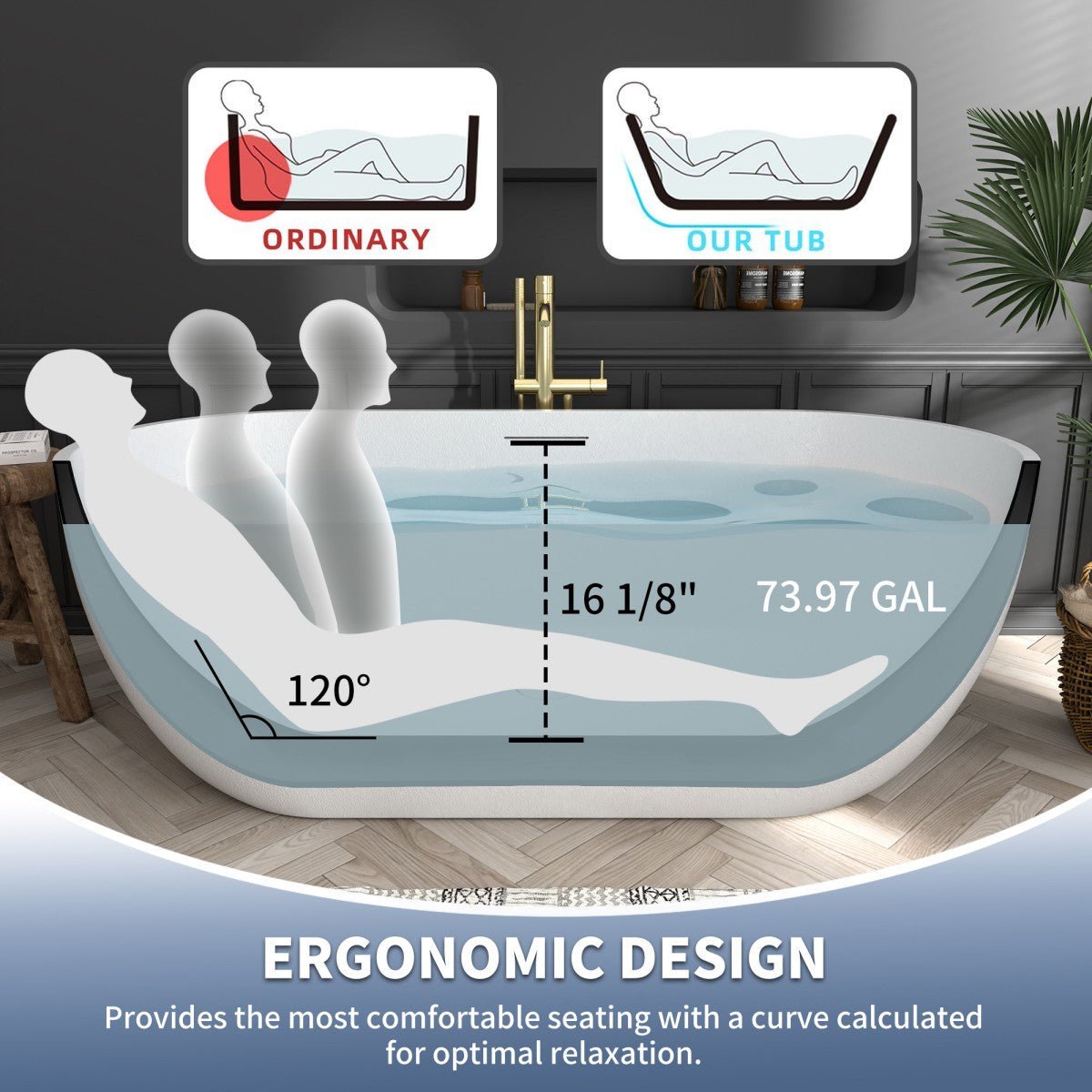 RockX 59" Rock Texture New Technologies Freestanding Bathtub,White,Scratch - proof,Contemporary Soaking Tub,Large Overflow Port