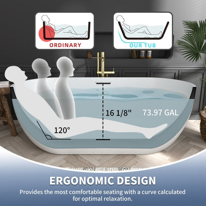 RockX 59" Rock Texture New Technologies Freestanding Bathtub,White,Scratch - proof,Contemporary Soaking Tub,Large Overflow Port