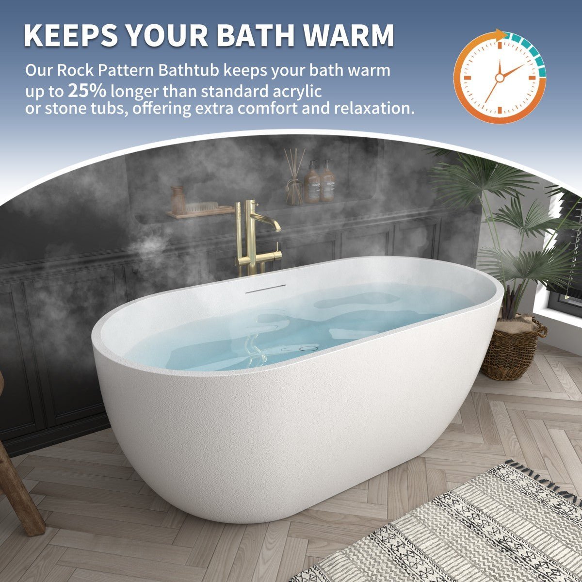 RockX 59" Rock Texture New Technologies Freestanding Bathtub,White,Scratch - proof,Contemporary Soaking Tub,Large Overflow Port
