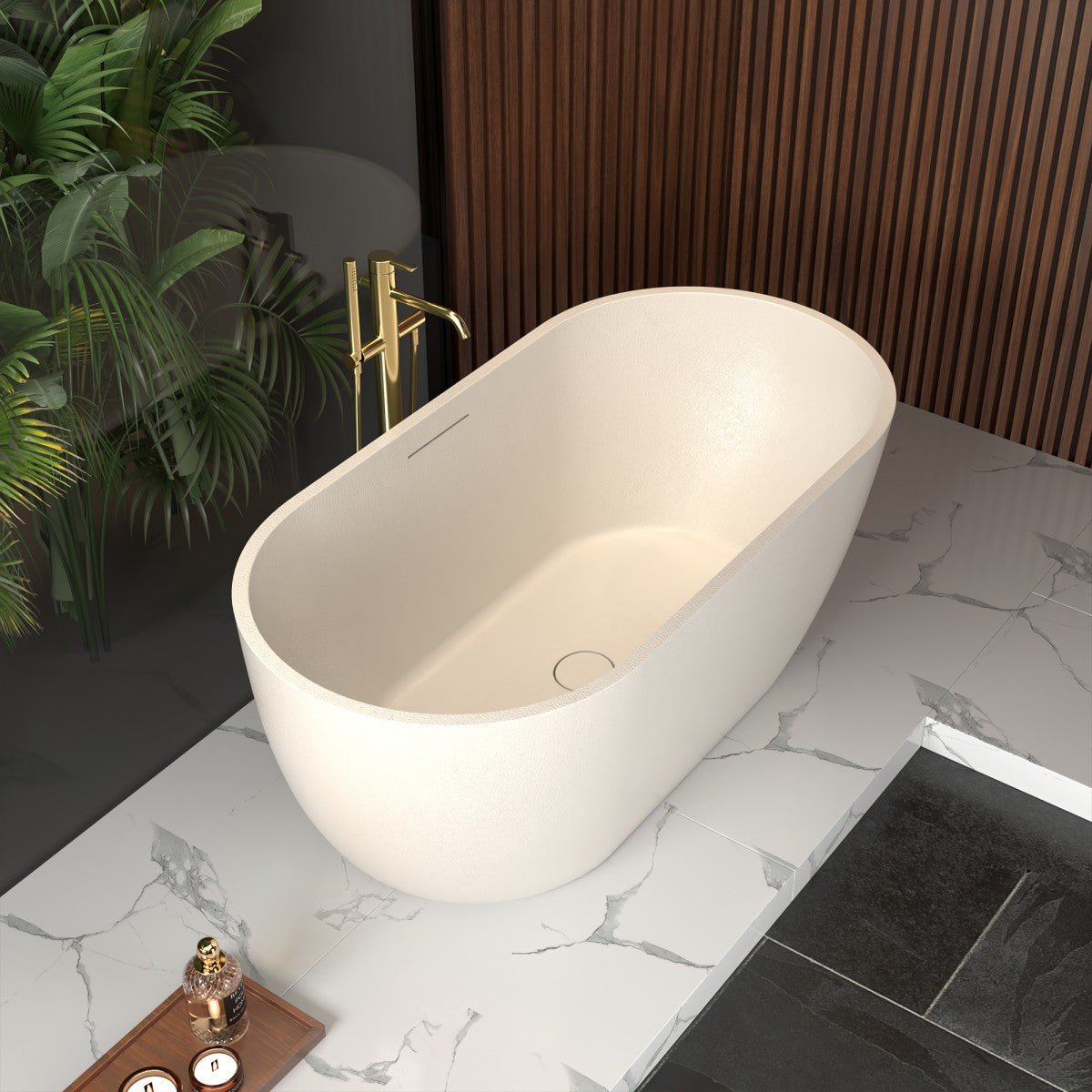Allsumhome RockX 59" Oval Freestanding Bathtub - Stone Touch in Milky Coffee, Scratch-proof, cUPC Certified Freestanding Bath Tubs