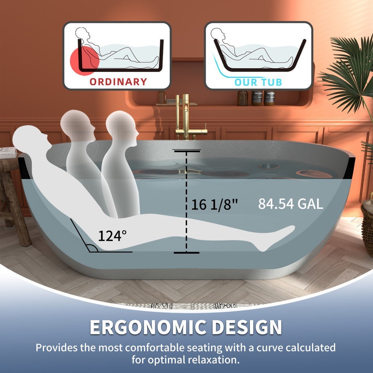 RockX 67" Rock Texture New Technologies Freestanding Bathtub,Cement grey,Scratch - proof,Contemporary Soaking Tub,Large Overflow Port
