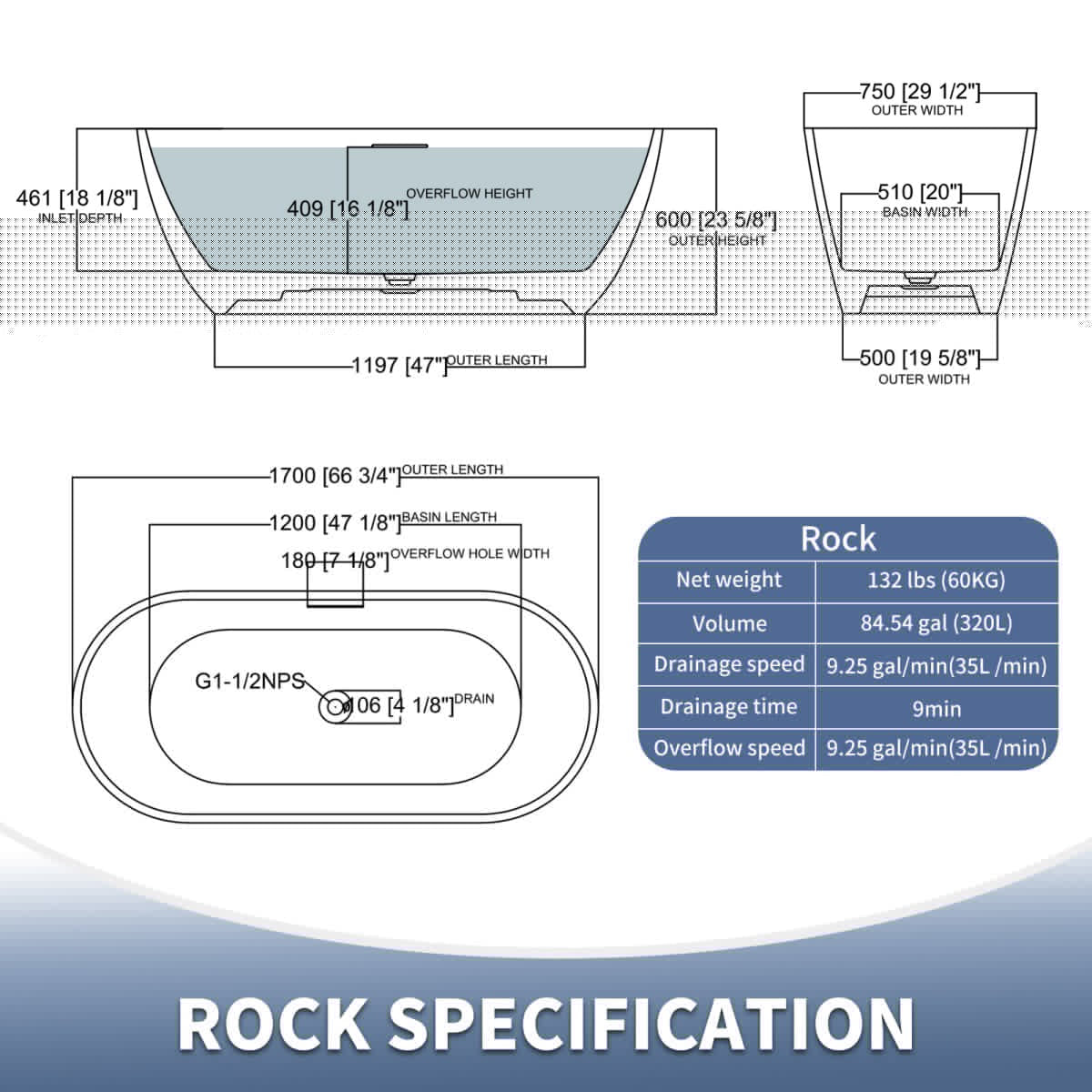 Allsumhome RockX 67" Imitation Natural Stone Freestanding Bathtub,Stone Touch,Cement grey,Scratch - proof,Large Overflow Port