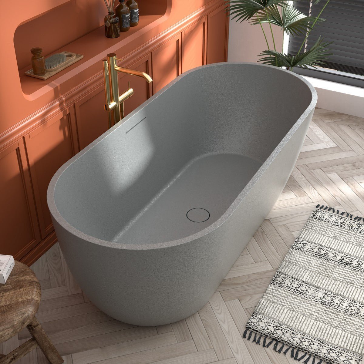 RockX 67" Rock Texture New Technologies Freestanding Bathtub,Cement grey,Scratch - proof,Contemporary Soaking Tub,Large Overflow Port