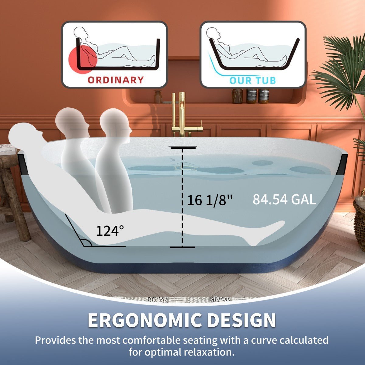 RockX 67" Rock Texture New Technologies Freestanding Bathtub,Prussian blue,Scratch - proof,Contemporary Soaking Tub,Large Overflow Port