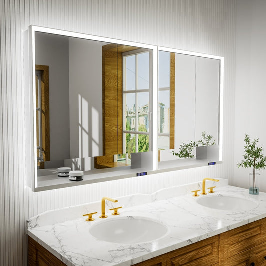 Aluminum Medicine Cabinet LED Light - 66" W x 36" H Wall Mounted Bathroom Mirror and Shelves for Recessed or Surface Mount