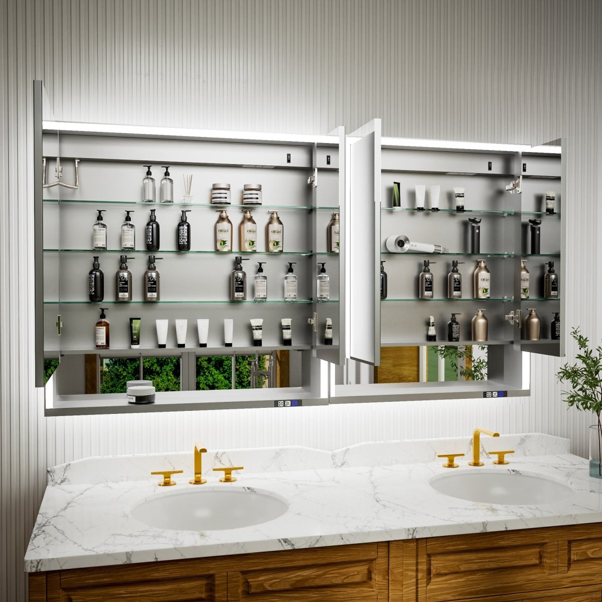 Aluminum Medicine Cabinet LED Light - 66" W x 36" H Wall Mounted Bathroom Mirror and Shelves for Recessed or Surface Mount