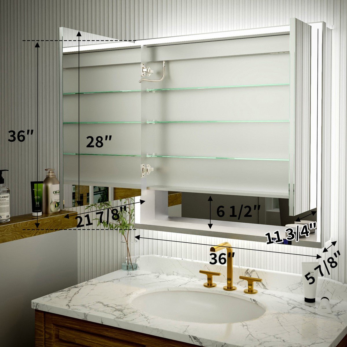 Ample 36" W x 36" H Wall Mounted Bathroom Medicine Cabinets with LED Light, Mirror, and Shelves for Recessed or Surface Mount