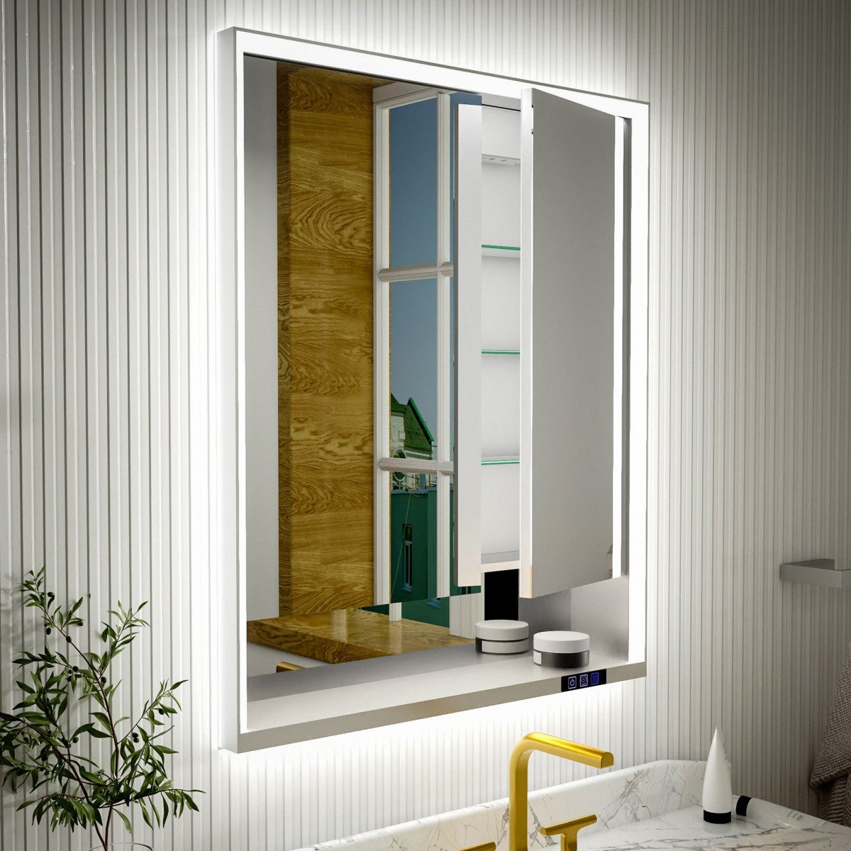 Large rectangular mirror with LED lighting on a wall with vertical stripes.