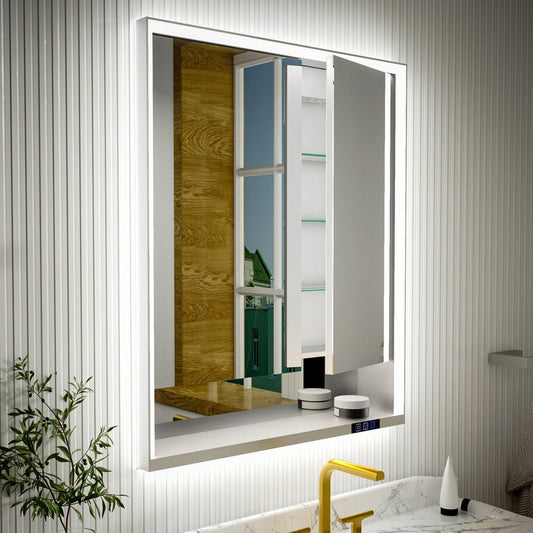 Large rectangular mirror with LED lighting on a wall with vertical stripes.