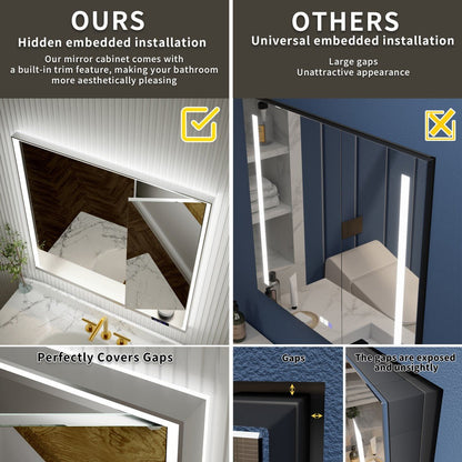 Ample 36" W x 36" H Wall Mounted Bathroom Medicine Cabinets with LED Light, Mirror, and Shelves for Recessed or Surface Mount