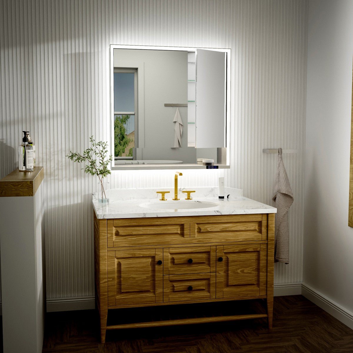Ample 36" W x 36" H Wall Mounted Bathroom Medicine Cabinets with LED Light, Mirror, and Shelves for Recessed or Surface Mount
