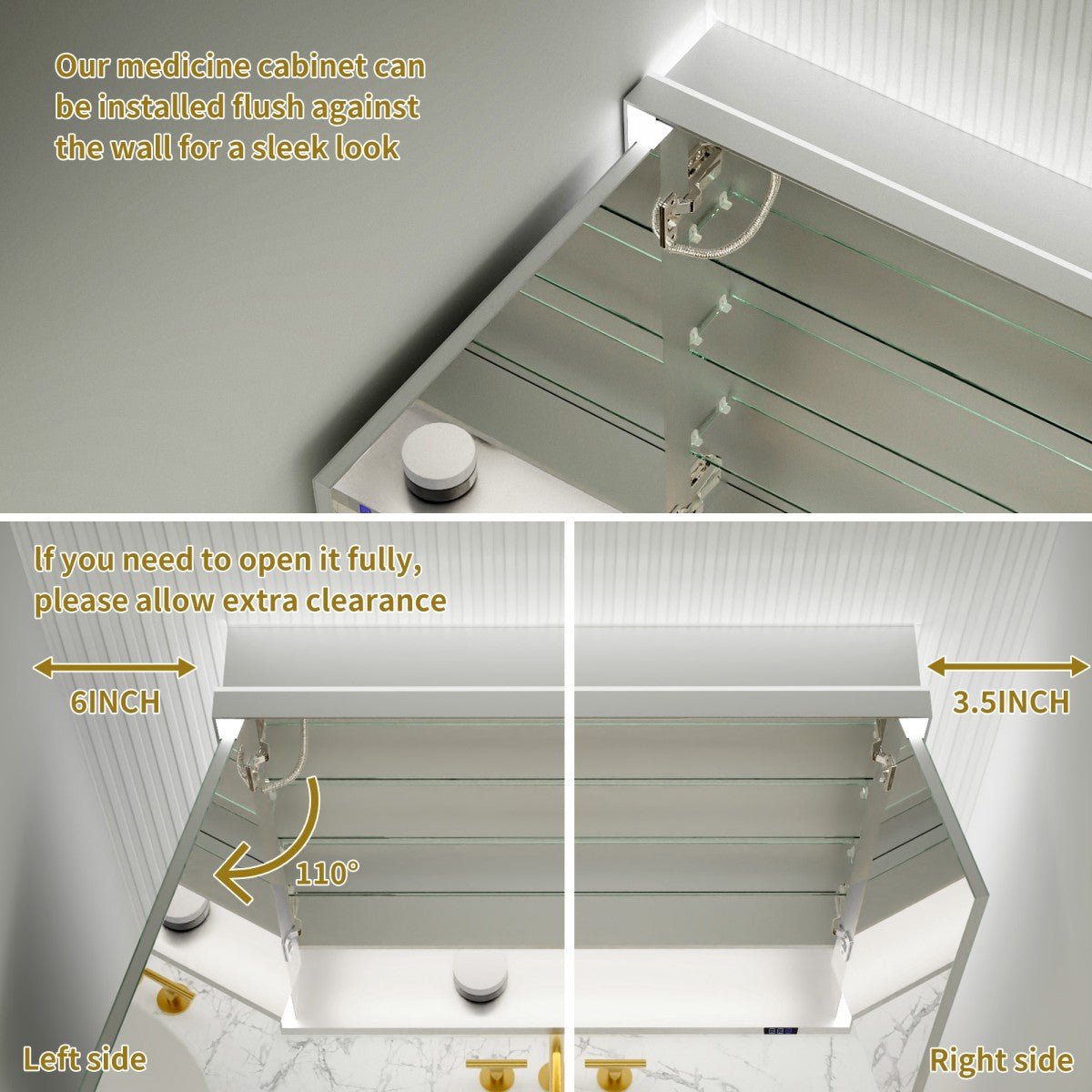 Ample 36" W x 36" H Wall Mounted Bathroom Medicine Cabinets with LED Light, Mirror, and Shelves for Recessed or Surface Mount