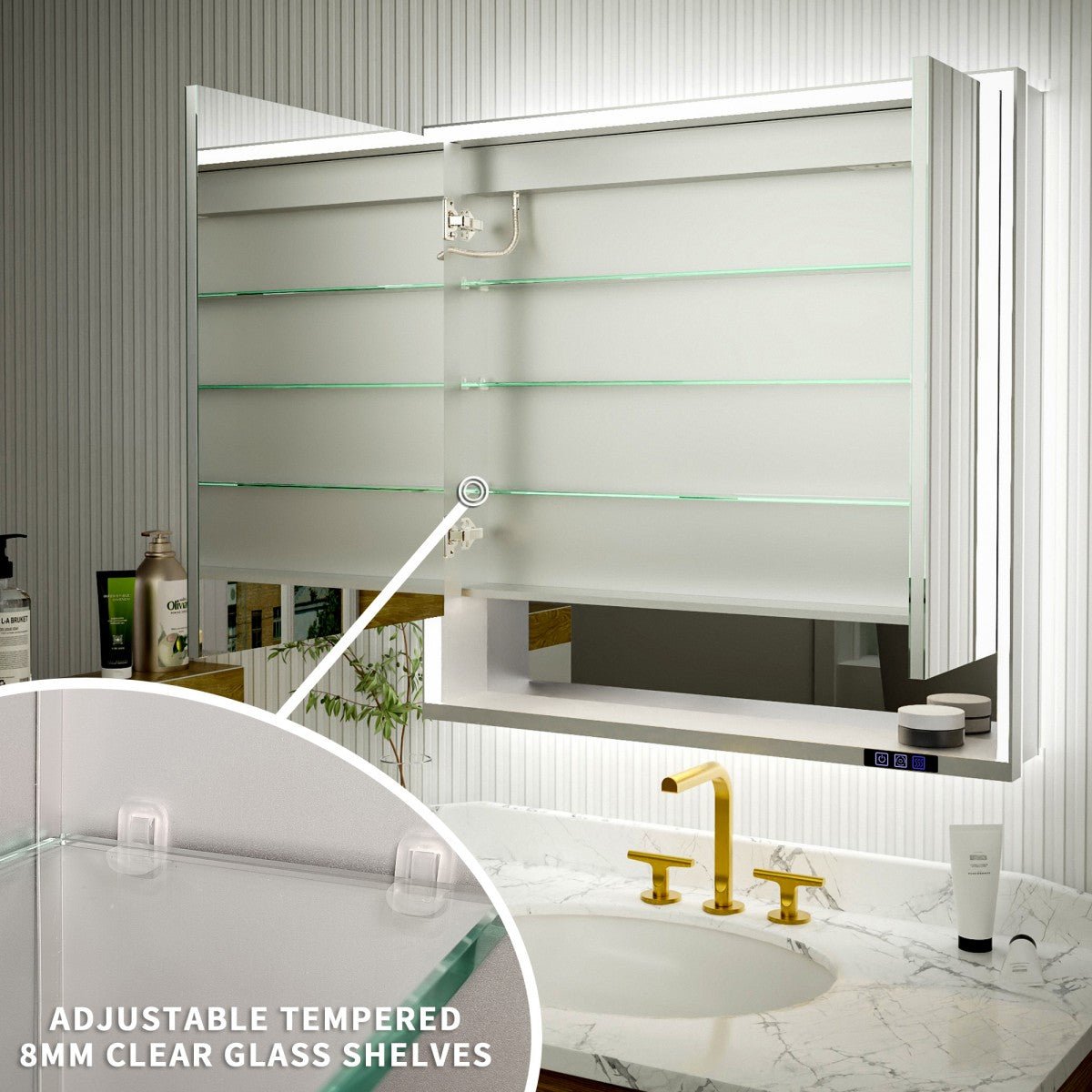 Ample 36" W x 36" H Wall Mounted Bathroom Medicine Cabinets with LED Light, Mirror, and Shelves for Recessed or Surface Mount