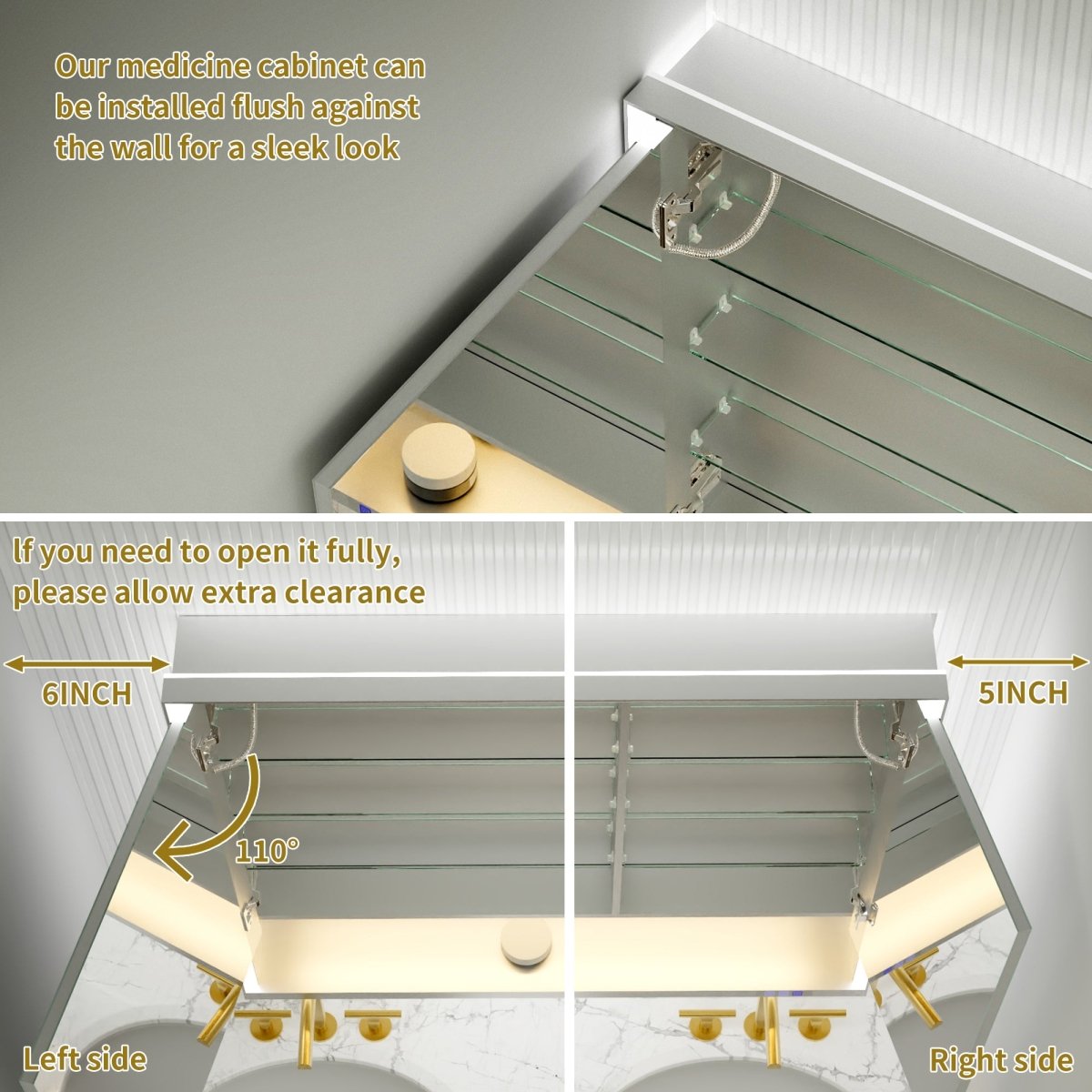 Ample 42" W x 36" H LED Lighted Chrome Medicine Cabinet with Mirror and Shelves for Bathroom Recessed or Surface Mount - ExBriteUSA
