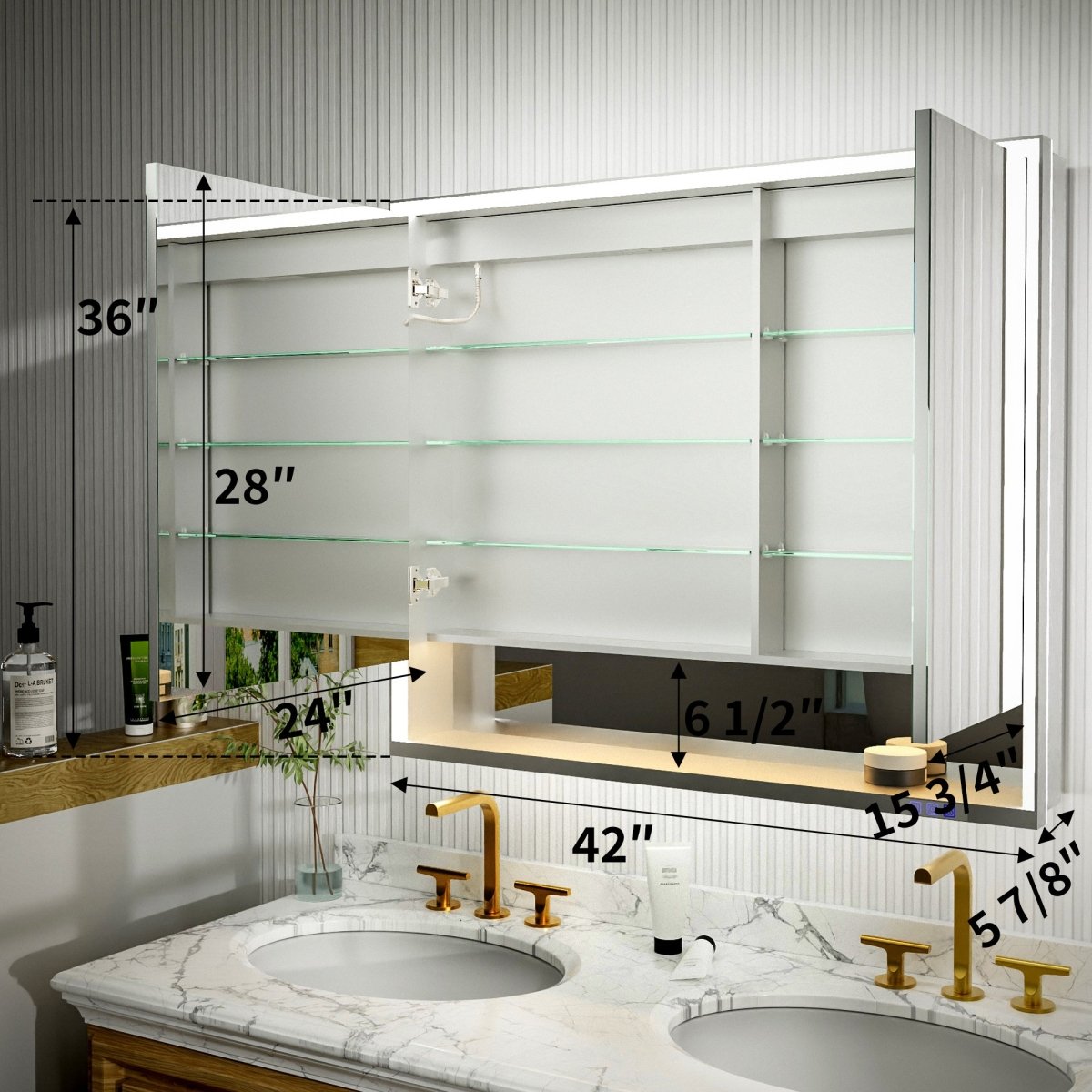 Ample 42" W x 36" H LED Lighted Chrome Medicine Cabinet with Mirror and Shelves for Bathroom Recessed or Surface Mount