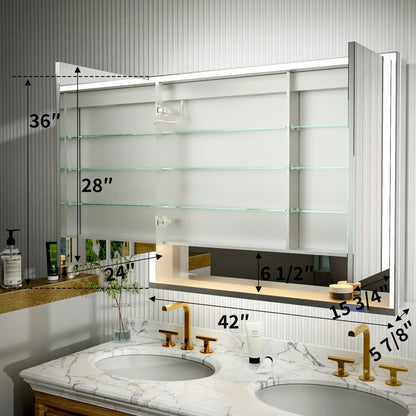 Ample 42" W x 36" H LED Lighted Chrome Medicine Cabinet with Mirror and Shelves for Bathroom Recessed or Surface Mount
