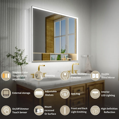 Ample 42" W x 36" H LED Lighted Chrome Medicine Cabinet with Mirror and Shelves for Bathroom Recessed or Surface Mount - ExBriteUSA