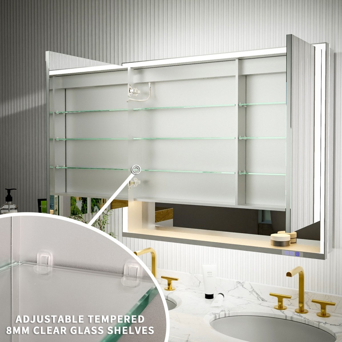 Ample 42" W x 36" H LED Lighted Chrome Medicine Cabinet with Mirror and Shelves for Bathroom Recessed or Surface Mount - ExBriteUSA