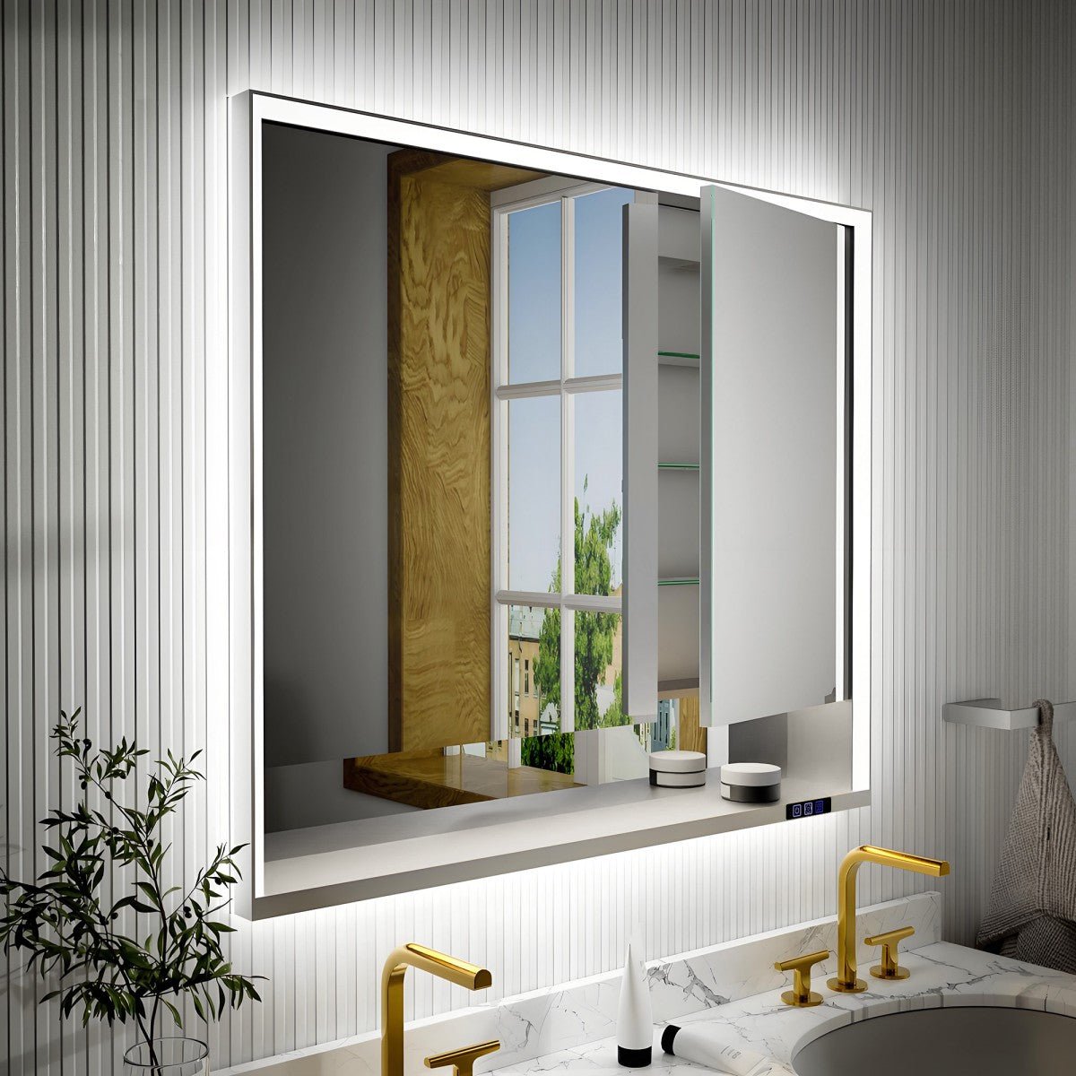 Ample 42" W x 36" H LED Lighted Chrome Medicine Cabinet with Mirror and Shelves for Bathroom Recessed or Surface Mount