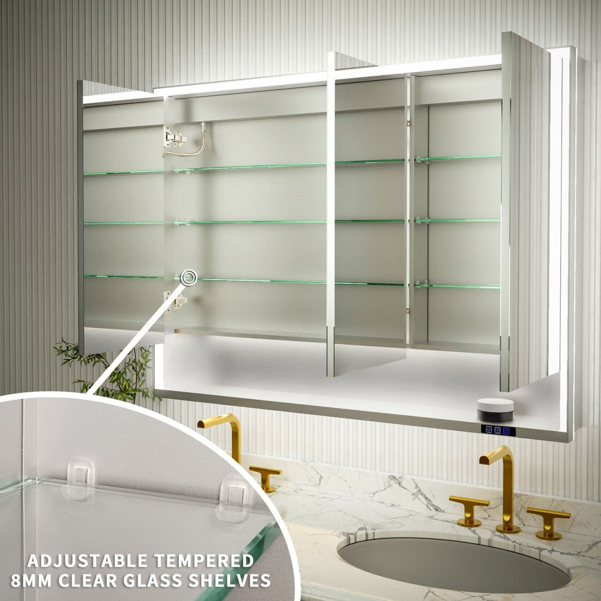 Ample 48" W x 36" H Surface Mount Medicine Cabinet with Mirror and Shelves - LED Lighted Chrome for Bathroom Recessed or Surface Mount