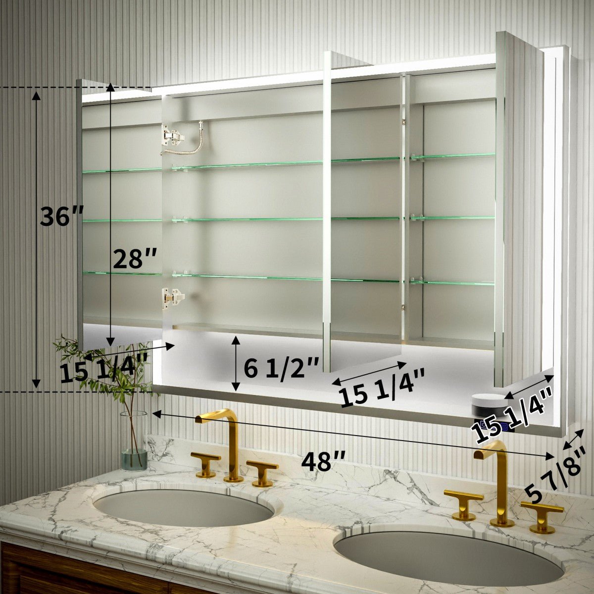 Ample 48" W x 36" H Surface Mount Medicine Cabinet with Mirror and Shelves - LED Lighted Chrome for Bathroom Recessed or Surface Mount