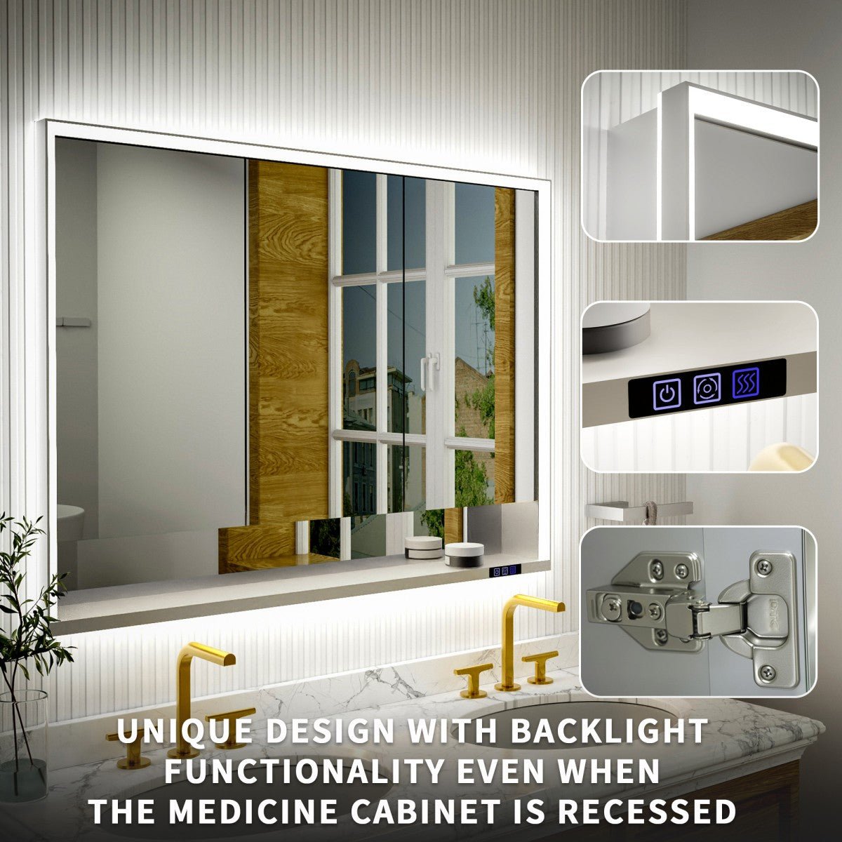 Ample 48" W x 36" H Surface Mount Medicine Cabinet with Mirror and Shelves - LED Lighted Chrome for Bathroom Recessed or Surface Mount