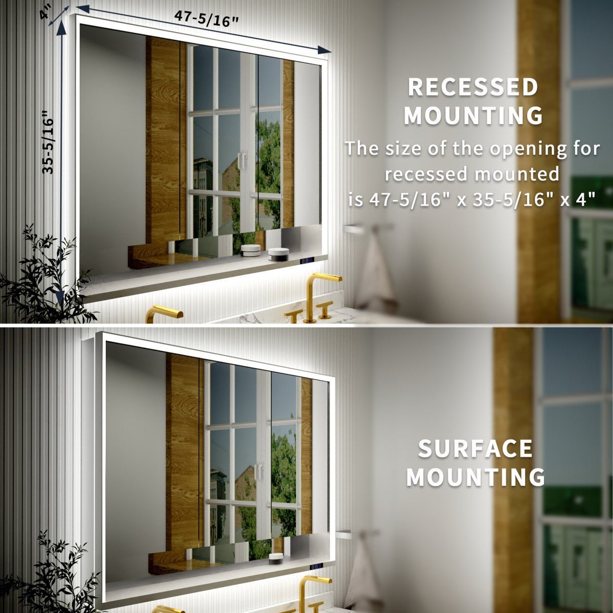 Ample 48" W x 36" H Surface Mount Medicine Cabinet with Mirror and Shelves - LED Lighted Chrome for Bathroom Recessed or Surface Mount
