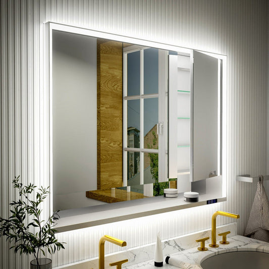 Ample 48" W x 36" H Surface Mount Medicine Cabinet with Mirror and Shelves - LED Lighted Chrome for Bathroom Recessed or Surface Mount