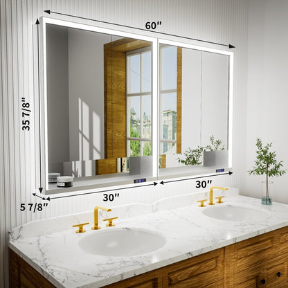 Ample 60 in LED Medicine Cabinet with Mirror and Shelves for Recessed or Surface Mount