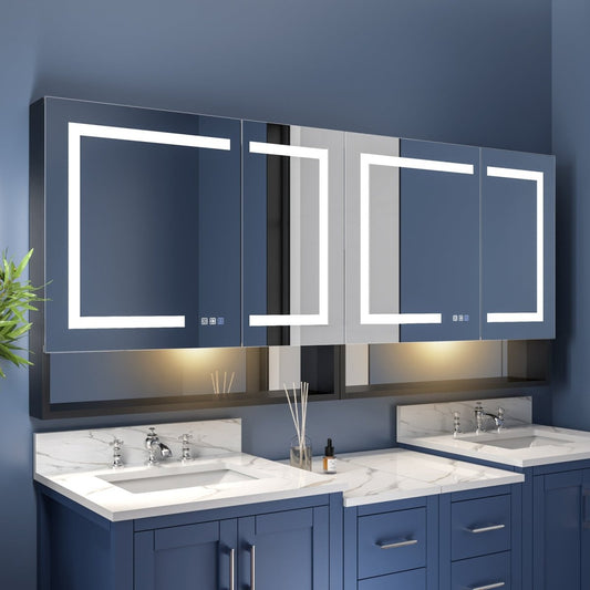 Ample 72" W x 32" H LED Lighted Mirror Black Medicine Cabinet with Shelves for Bathroom Recessed or Surface Mount