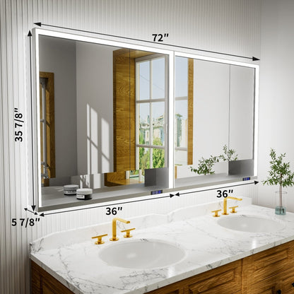Ample 72" W x 36" H Wall Mounted Bathroom Medicine Cabinet LED Lights Mirror, and Shelves for Recessed or Surface Mount