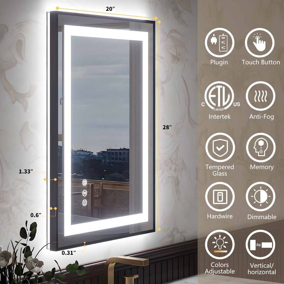 Apex - B 20x28in vanity with lights and mirror for Bathroom Wall,Framed LED Bathroom Mirror,Anti - Fog,Shatter - Proof,ETL Listed