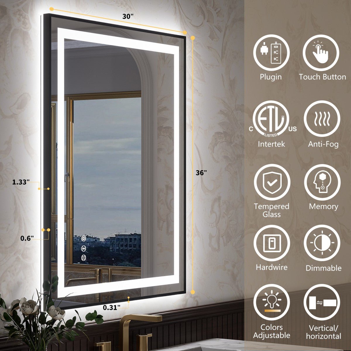 Apex - B 36x30in vanity with lights and mirror for Bathroom Wall,Framed LED Bathroom Mirror,Anti - Fog,Shatter - Proof,ETL Listed
