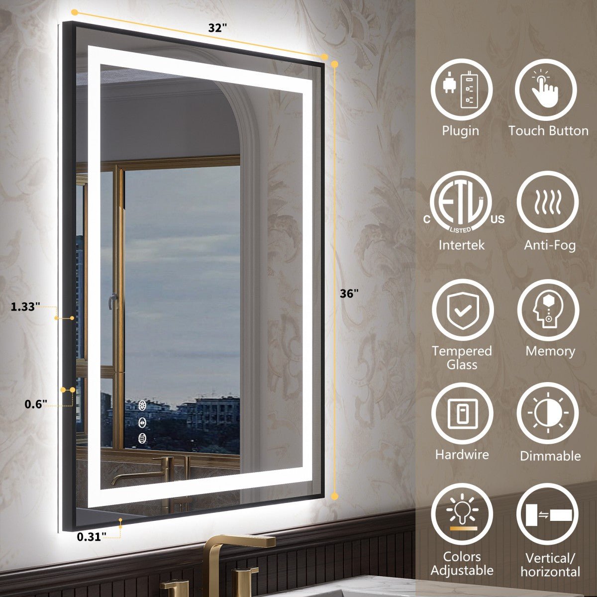 Apex - B 36x32in vanity with lights and mirror for Bathroom Wall,Framed LED Bathroom Mirror,Anti - Fog,Shatter - Proof,ETL Listed